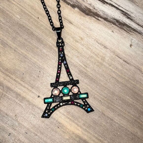 Jeweled Black Paris EffieTower With Pinks, Greens, Red, Blue On Chain - Picture 1 of 6